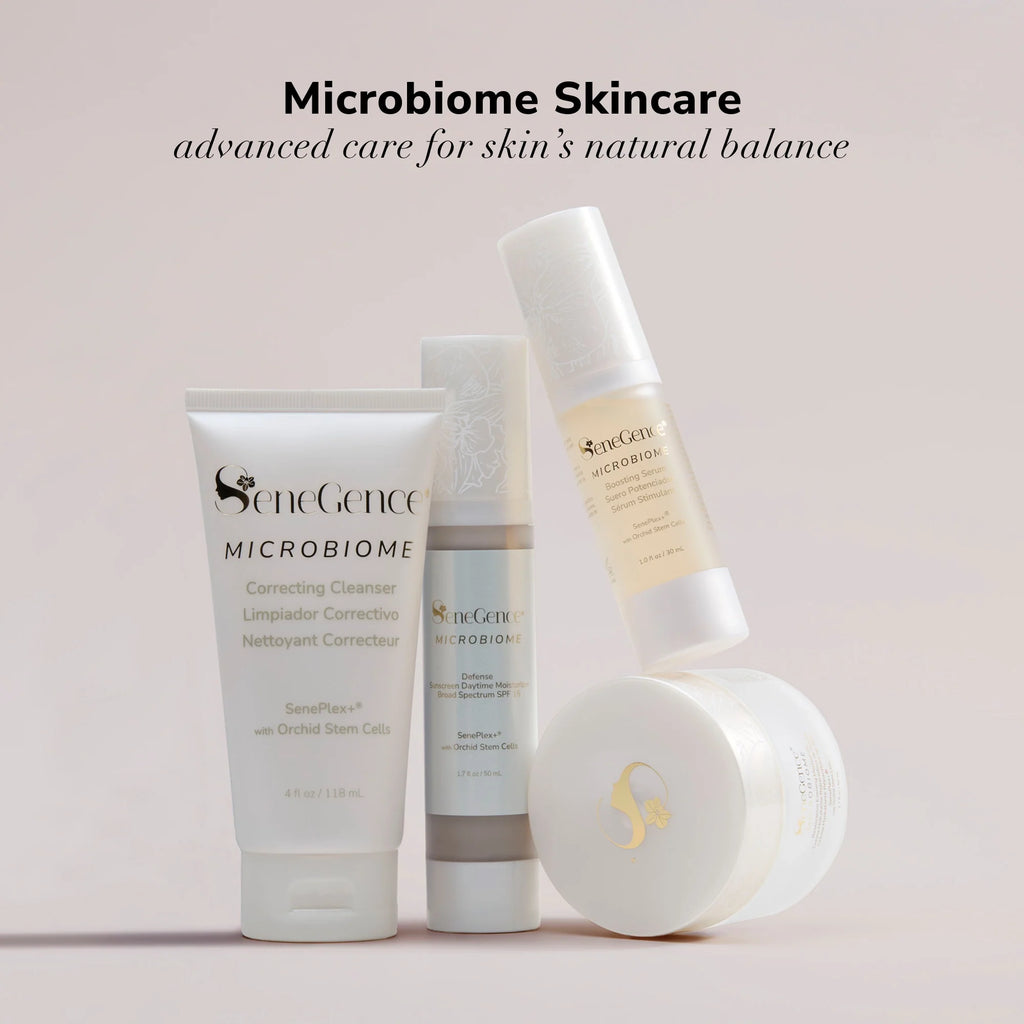Senegence Microbiome skincare products on a light pink background